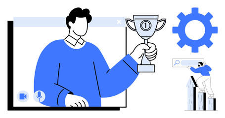 Individual holding trophy in video call window, gear for productivity, person climbing growth chart. Ideal for success, teamwork, online communication, leadership, achievement, progress