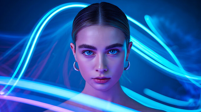 Portrait of woman with neon blue light trails and futuristic background