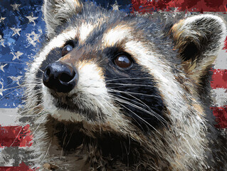 Raccoon Wildlife Nature USA Patriotic Portrait Digital Artwork Ears Eyes Fur Texture Colorful Closeup Evening Independence Vibrant Forest Freedom 