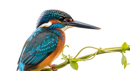 Obraz premium Vibrant kingfisher perched elegantly on a vine with lush green leaves background