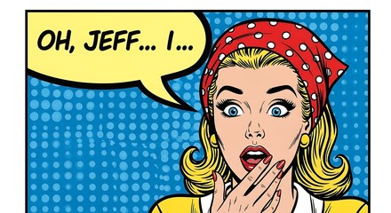 Surprised retro woman saying Oh Jeff cartoon illustration in pop art style