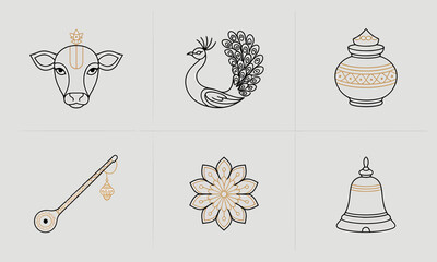 Minimal line art krishna janmashtami icons featuring cow, peacock, pot, flute, and shankh with devotional theme