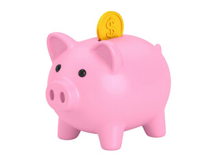 Pink piggy bank with a golden dollar coin going into the slot, on a black background, savings concept, investment, secure finance, 3D render.