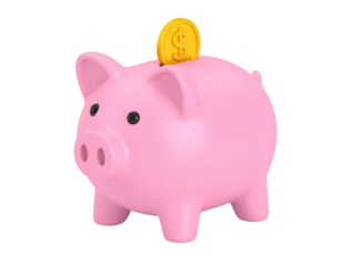 Pink piggy bank with a golden dollar coin going into the slot, on a black background, savings concept, investment, secure finance, 3D render.