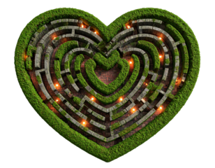 Heart-shaped maze, illuminated by glowing lights on a transparent background, with stone walls and green hedges, a symbol of love and mystery.