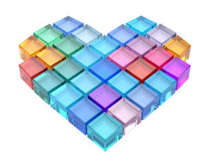 Colorful transparent cubes arranged in a heart shape against a black background, creating a modern and vibrant graphic illustration, perfect for symbolizing love.