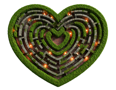 Heart-shaped maze, illuminated by glowing lights on a transparent background, with stone walls and green hedges, a symbol of love and mystery. - Powered by Adobe