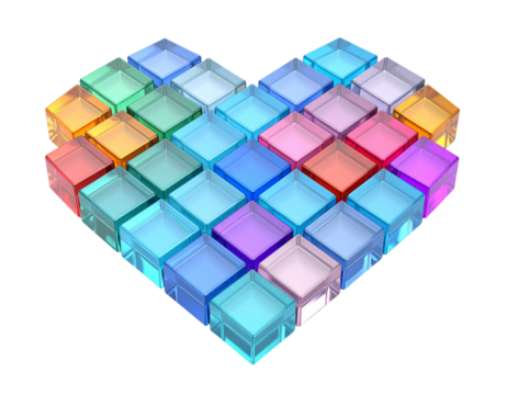 Colorful transparent cubes arranged in a heart shape against a black background, creating a modern and vibrant graphic illustration, perfect for symbolizing love.