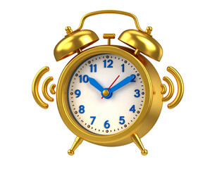 Gold alarm clock with blue numbers, on a black background, showing the time at ten past two and emitting a sound signal like wifi.