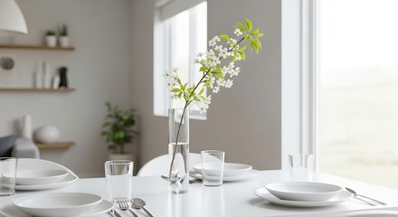 A bright dining area featuring a white table set with plates glasses and a vase of flowering branches