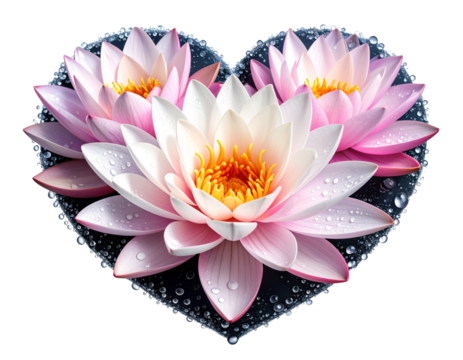 Water lilies arranged in a heart shape on a black background, with dew drops highlighting the concept of purity, love, and beauty. - Powered by Adobe