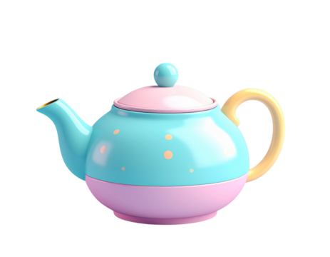 Cartoon-styled teapot, light-blue and pink color scheme with orange spots, isolated on black background, 3D render design, sweet pastel colors, for cute kitchenware illustration.