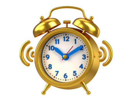 Gold alarm clock with blue numbers, on a black background, showing the time at ten past two and emitting a sound signal like wifi.