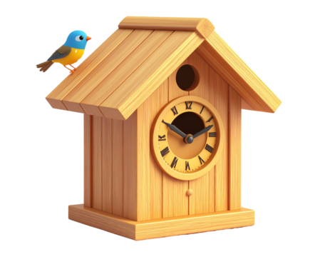 Cuckoo clock with a cartoon bird, a charming wooden clock house with a blue and yellow bird perched on the roof, isolated against a black background. - Powered by Adobe