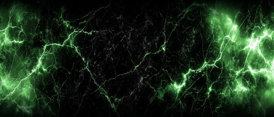Abstract green lightning cracks on black marble background