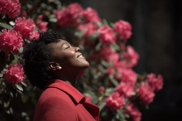 Fototapeta premium woman steps outside in radiant red coat her face beaming with joy as she embraces beauty of life