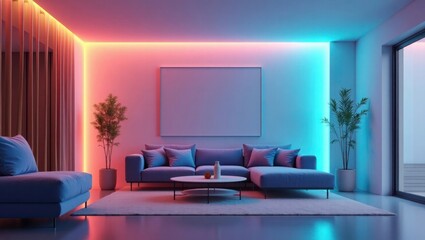 Modern Living Room with Blue and Pink L E D Lighting Sectional Sofa