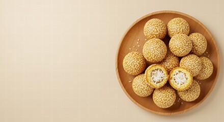 Sesame Ball Dessert on Wooden Plate with Coconut Filling, Top View, Beige Background