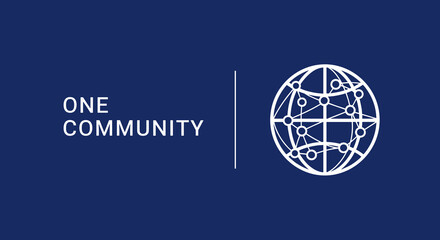 ONE COMMUNITY logo with global network icon. Concept of unity, connection, and worldwide collaboration on a blue background.
