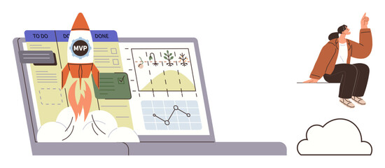 Rocket launching from laptop screen with graphs, charts, and a board for task tracking. Woman sitting, pointing upward symbolizes ideas, innovation, planning. Ideal for startup, productivity growth