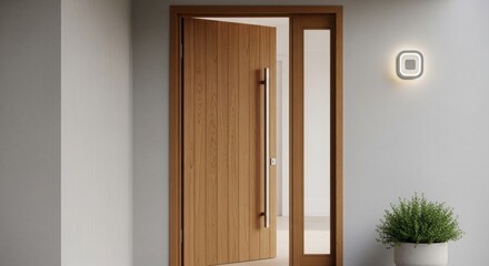 Fototapeta premium Minimalist wooden front door with modern wall light and potted plant.