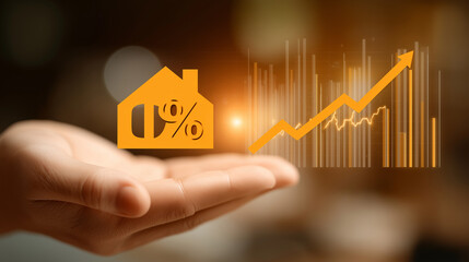 Hovering over a hand, a vibrant house icon with a clear percentage symbol is displayed, alongside animated arrows moving upwards and financial graphs showing growth, representing the concept of increa