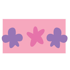 Flat vector illustration of pink banner with purple and pink flower shapes, minimal style, isolated on white background for decoration and design projects.