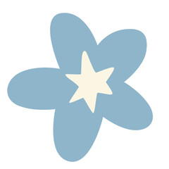 Blue flower shape with cream star center isolated on white background, flat 2D floral design for decoration, vector illustration graphic.
