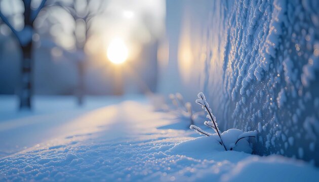 Close-up of a frozen branch in the snow, bathed in golden light during sunrise