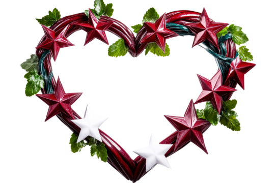 Heart shape wreath with red stars and green leaves isolated on white, cut out transparent - Powered by Adobe