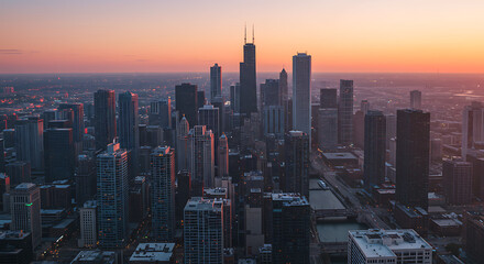 Fototapeta premium Chicago Skyline with Peach and Light Purple Sunset 3D Cityscape for Modern Wallpapers