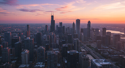 Chicago Skyline with Peach and Light Purple Sunset 3D Cityscape for Modern Wallpapers