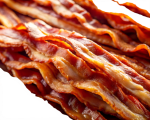 Crispy cooked bacon strips, a popular breakfast meat made from pork, known for its salty and fatty texture, often enjoyed as a savory dish or ingredient isolated on transparent background