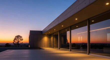 Obraz premium Modern minimalist house terrace with sunset reflection on glass facade.