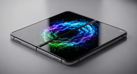 Close up of a foldable phone displaying a vibrant colorful abstract design on its unfolded screen