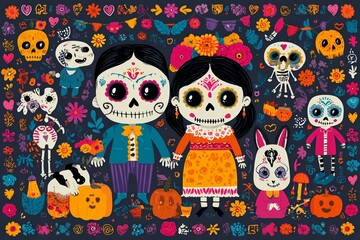 Colorful Day of the Dead Family Illustration with Pets