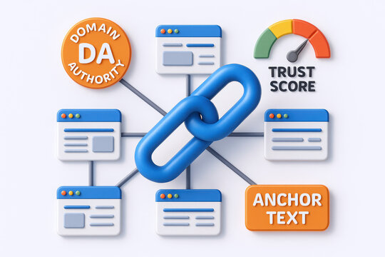Visual representation of web link metrics including domain authority and trust score.