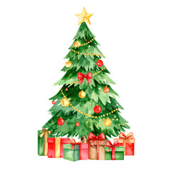 Watercolor Christmas tree decorated with red and gold ornaments, garlands, bows, a star on top, and surrounded by wrapped gift boxes with ribbons