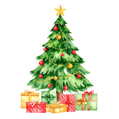 Obraz premium Decorated Christmas tree with red and gold ornaments, yellow star topper, and wrapped gift boxes in red, green, and gold colors underneath