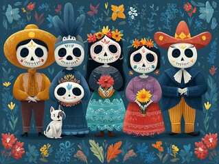 Obraz premium Colorful Day of the Dead Family Illustration with Pets