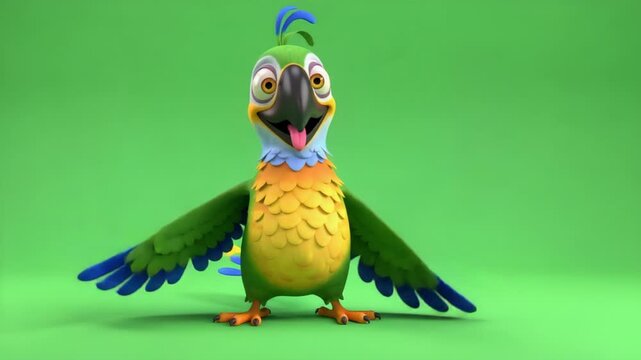 Animated parrot character waving on green screen, suitable for children's content creation and