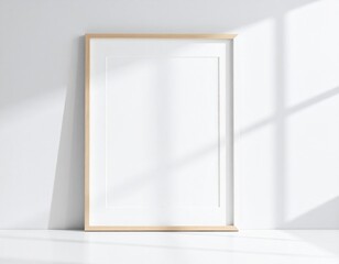 Blank White Frame Mockup Leaning on Wall: Window Shadow. Artistic Minimalism, Home Decor & Natural Lighting