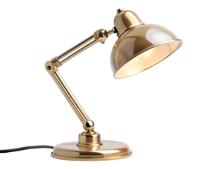 A modern brass desk lamp with an articulated arm and adjustable head, perfect for reading or task lighting in an office or home study, isolated on a transparent background