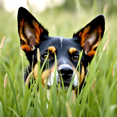 Dog head peeps out of the tall grass - dog ears