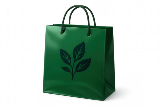 Green shopping bag with leaf logo promoting eco-friendly practices and environmental awareness on a transparent background