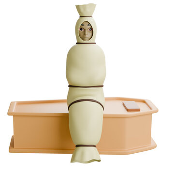 Creepy pocong ghost character resting against wooden coffin, wrapped in white shroud, 3D cartoon style, isolated on white background for folklore design.