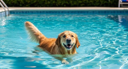 Happy Golden Dog Swimming in Clear Blue Water of Outdoor Pool