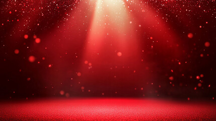 Red glitter background with light beams and sparkling particles festive backdrop
