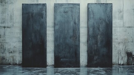 Three dark rectangular panels stand against a concrete wall with a wet floor.