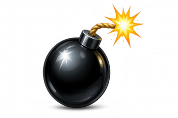 Classic round black bomb with burning fuse, isolated on transparent background, representing danger and explosion